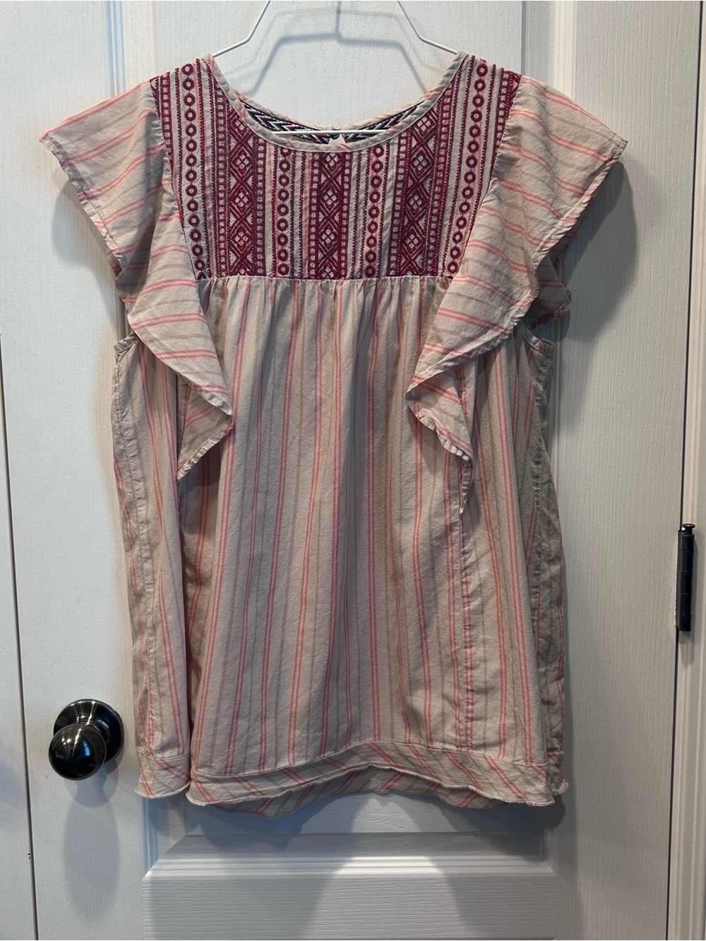 Knox Rose Women’s Size Small Flutter Sleeve Tan & Coral Striped Boho Blouse